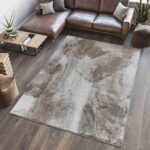 Modern living room with abstract patterned area rug.