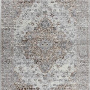 Vintage-style distressed gray rug with intricate pattern.
