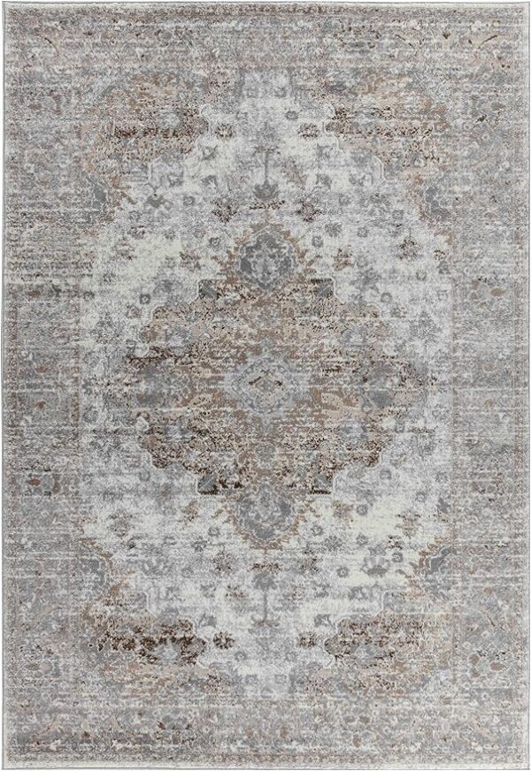 Vintage-style distressed gray rug with intricate pattern.