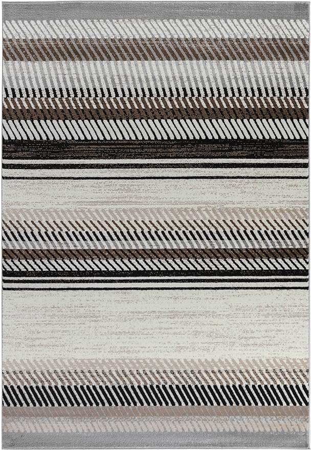 Abstract striped rug with brown and gray hues.