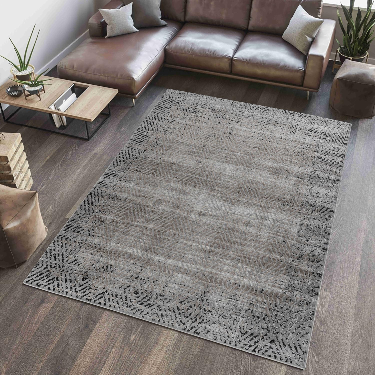 Modern living room with patterned gray rug.