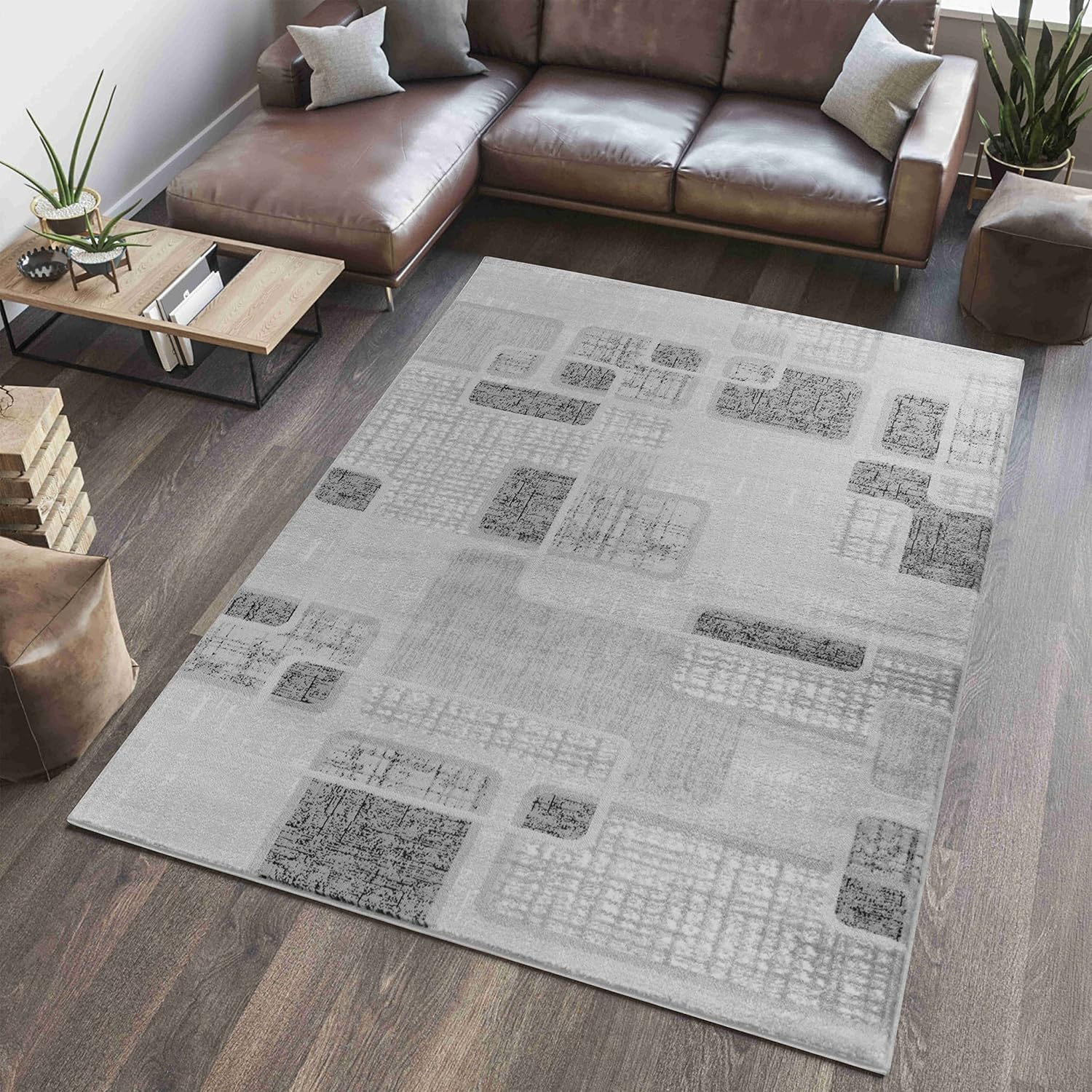 Modern living room with geometric patterned rug.