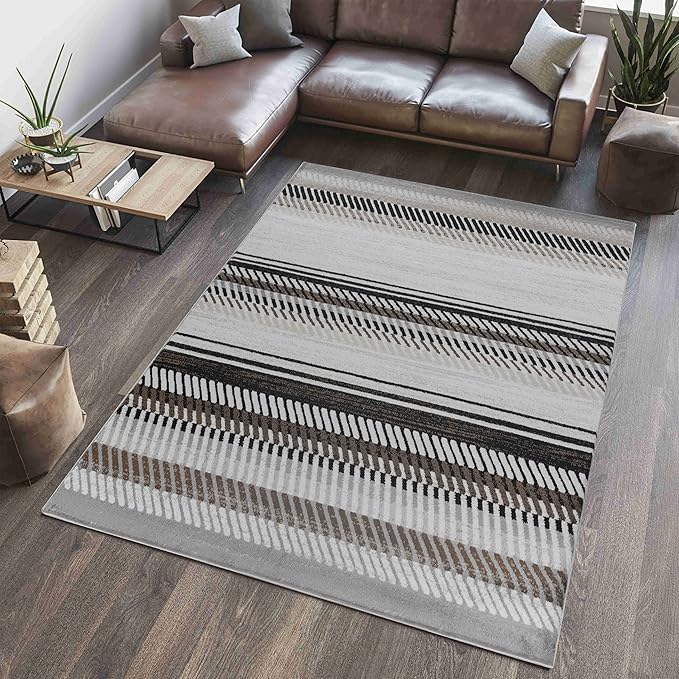 Contemporary living room with gray striped rug.