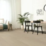 Modern living room with plants and dining area.