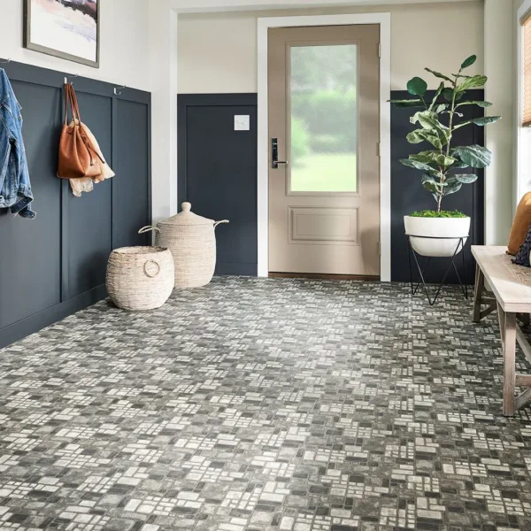 Modern mudroom with patterned floor tiles and bench