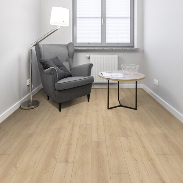 Modern reading corner with armchair and lamp