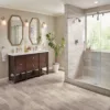 Modern bathroom with glass shower and double vanity.