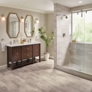 Modern bathroom with glass shower and double vanity.
