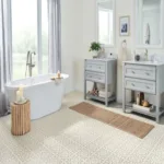Modern bathroom with freestanding tub and dual sinks.