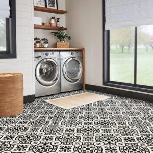 Modern laundry room with patterned tile floor