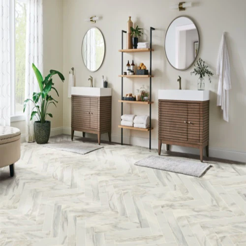 Modern bathroom with double sinks and round mirrors