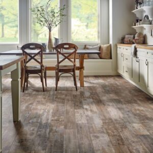 Rustic kitchen with wooden flooring and natural light