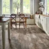 Rustic kitchen with wooden floors and modern decor.