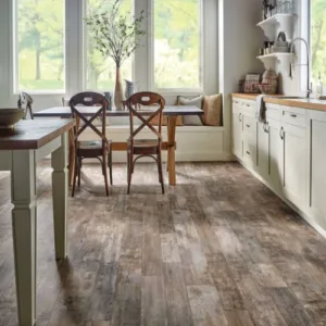 Rustic kitchen with wooden floors and modern decor.