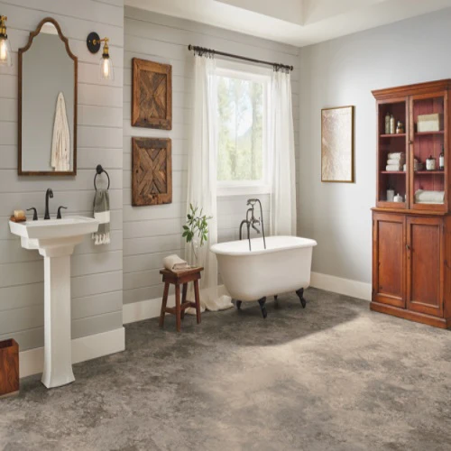 Rustic bathroom with bathtub and wooden furniture
