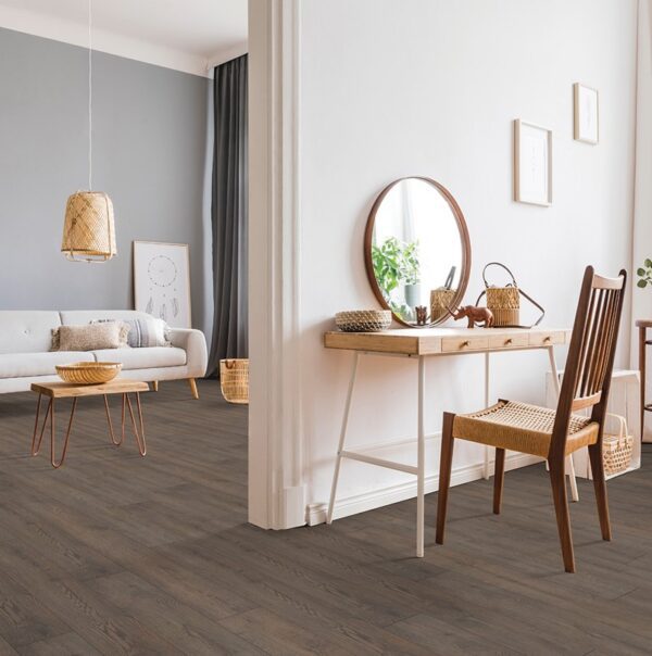 Modern living room and wooden chair at desk.