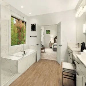 Spacious bathroom with tub and double vanity