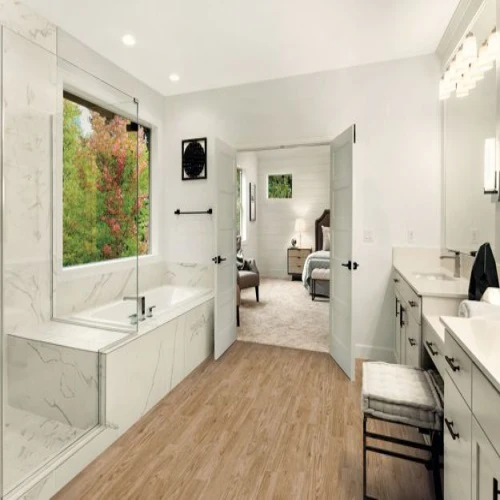 Spacious bathroom with tub and double vanity