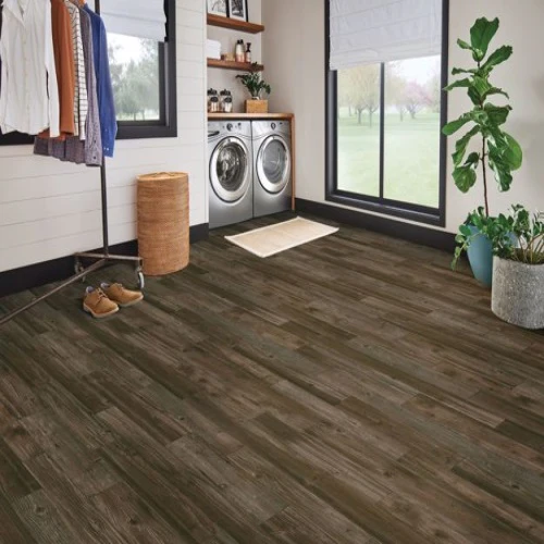 Modern laundry room with wooden floor