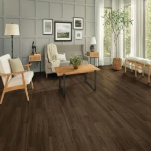 Modern living room with hardwood floors and natural light