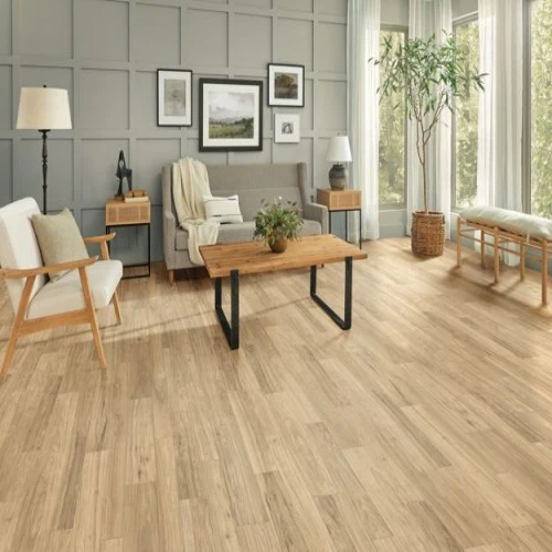 Modern living room with wooden flooring.