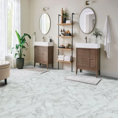 Modern bathroom with dual sinks and mirrors