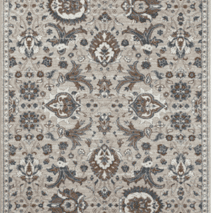 Vintage floral patterned area rug in neutral tones.