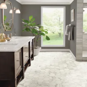Elegant bathroom with hexagon tile floor.