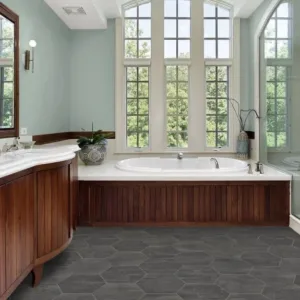 Spacious bathroom with tub and glass shower