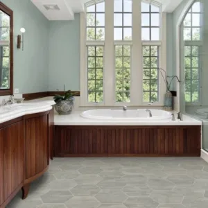 Spacious bathroom with wooden cabinets and large windows