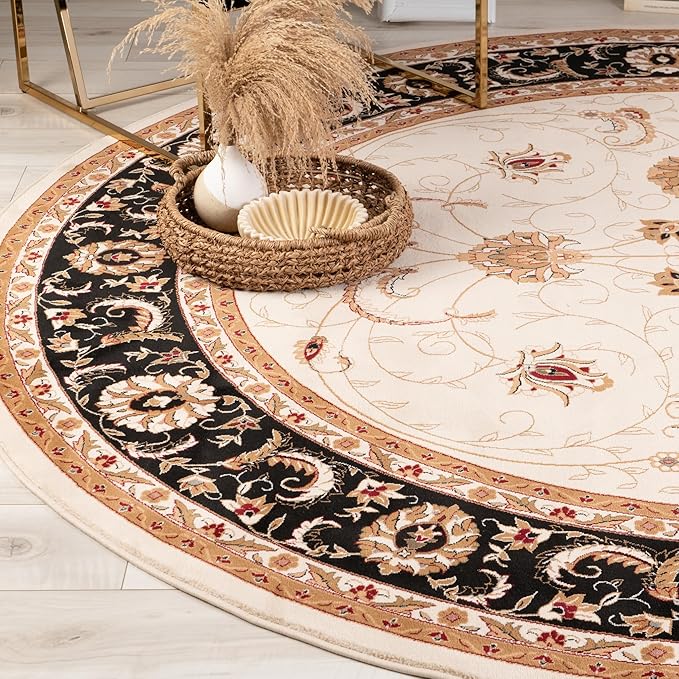 Elegant round carpet with floral design and vase