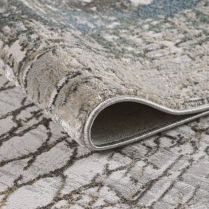 Modern textured rug with abstract pattern, corner view.