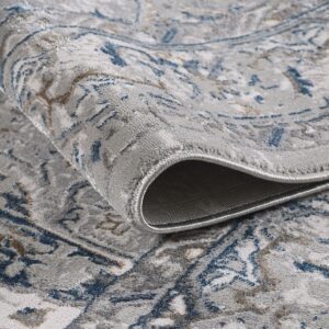Close-up of rolled gray-blue patterned rug.
