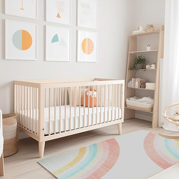 Modern baby nursery with crib and colorful decor.