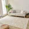 Modern living room with beige rug and sofa.