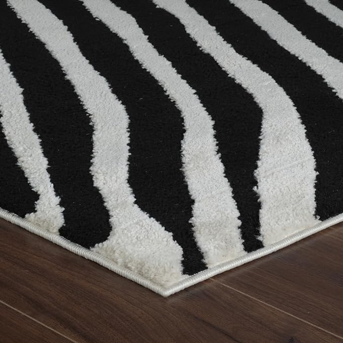 Black and white striped rug on wooden floor.
