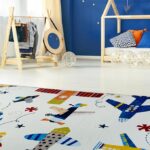 Colorful children's room with airplane-themed carpet