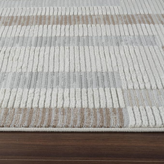 Striped textured rug on wooden floor