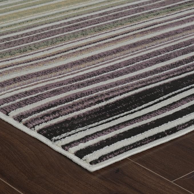 Striped rug on wooden floor
