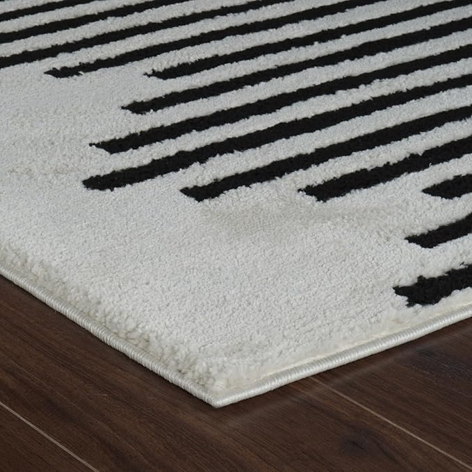 Striped rug on wooden floor