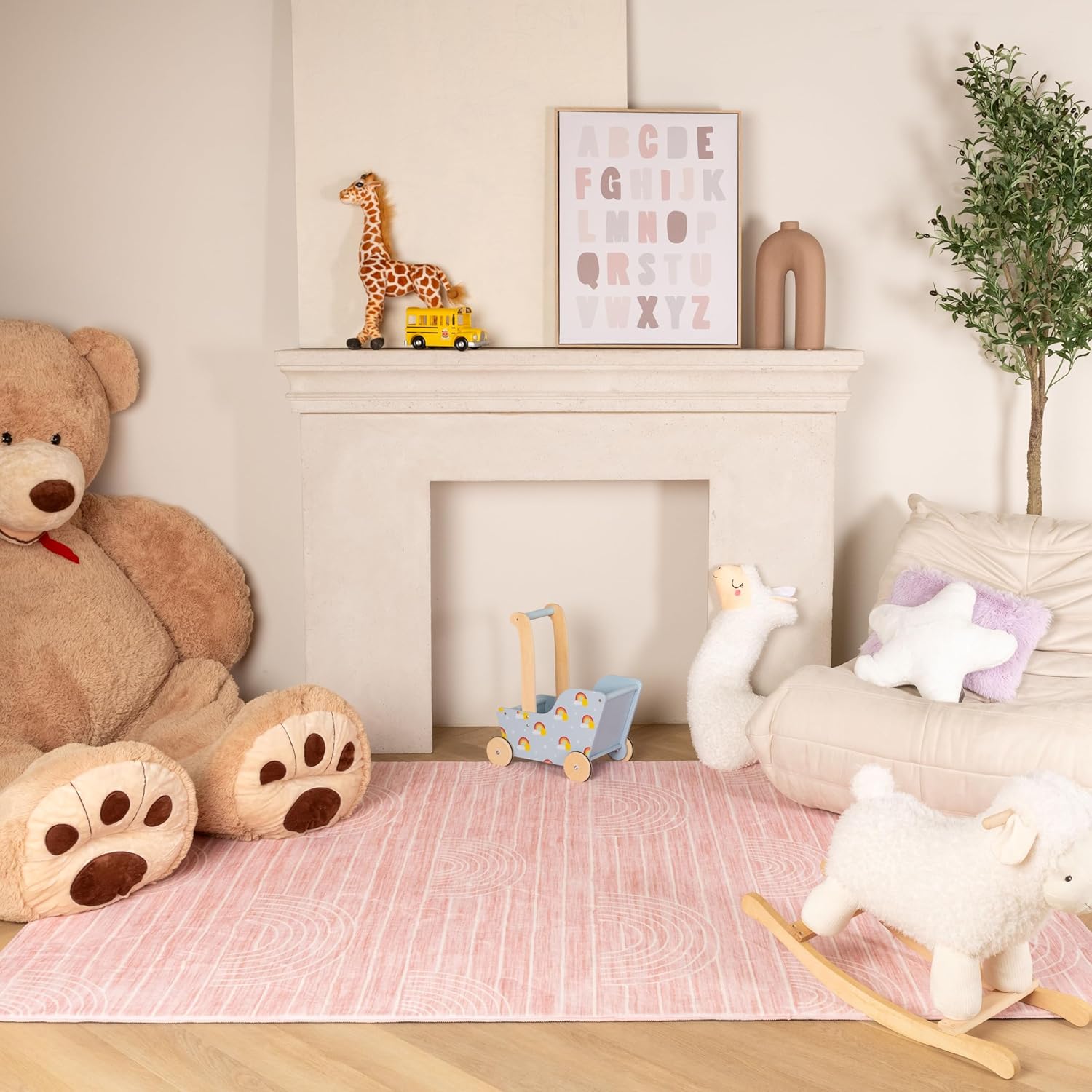 Cozy playroom with toys and alphabet artwork.