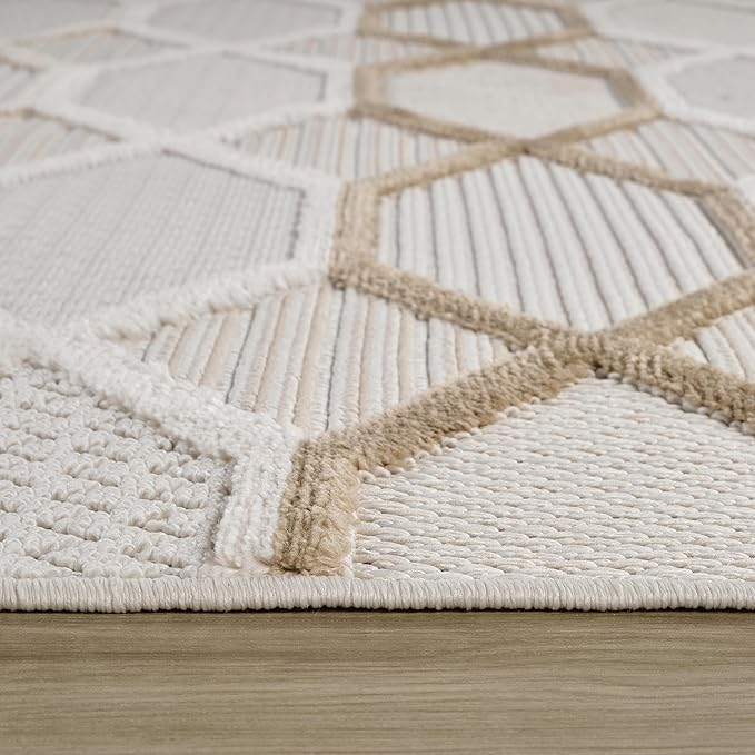 Beige and white geometric pattern rug on floor.