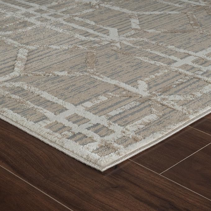 Geometric patterned area rug on wooden floor
