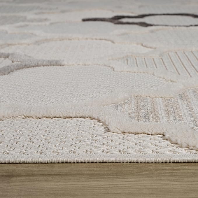 Modern textured beige rug on wooden floor