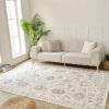 Modern living room with sofa, rug, and plants.