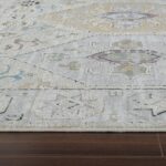 Geometric patterned area rug on wooden floor.