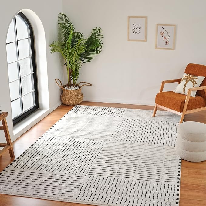 Modern living room with rug and plants.