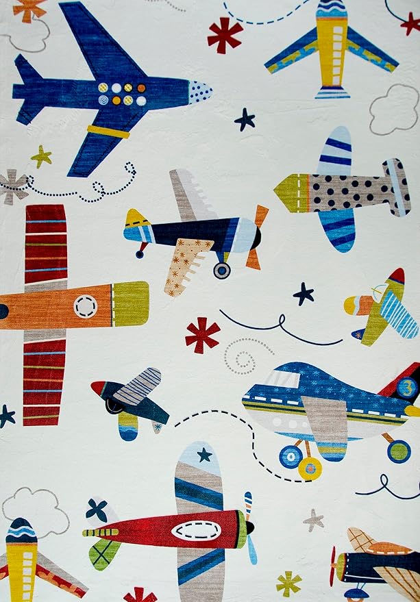 Colorful cartoon airplanes with stars and clouds.