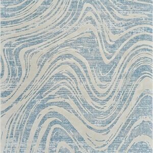 Abstract wavy blue and beige area rug design.