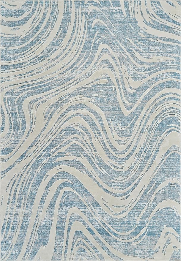 Abstract wavy blue and beige area rug design.